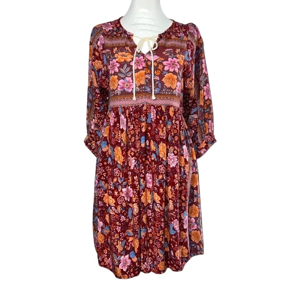 Gigio Womans Floral Boho Dress‎ Size Medium Peasant Rayon